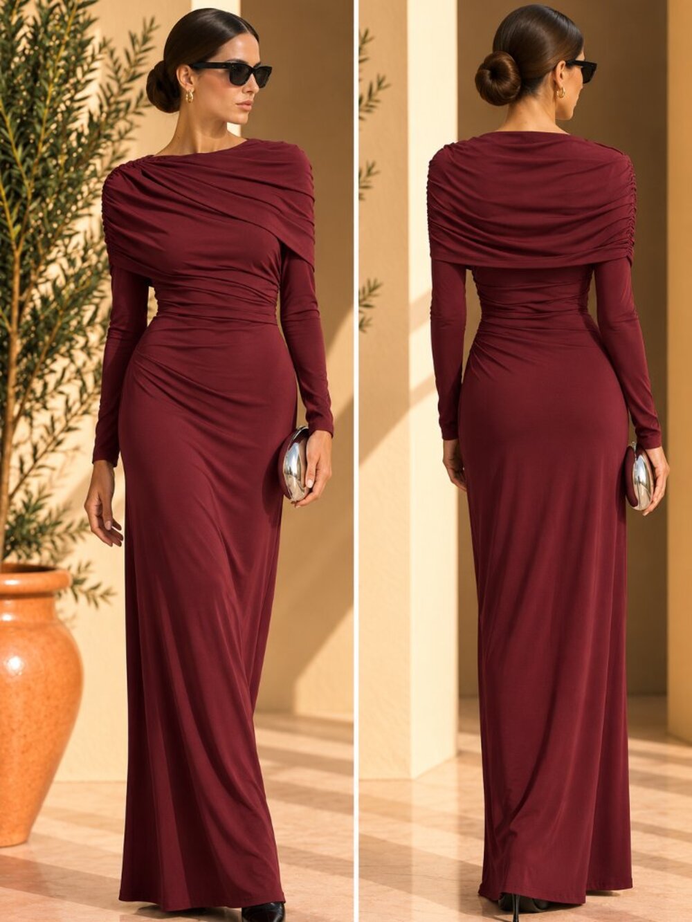 Commense Burgundy Draped Long Sleeve Maxi Dress XS | Evening Chic